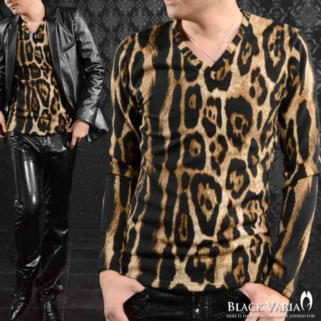 Tシャツ Vネック ヒョウ柄 豹柄 メンズ 日本製 細身 ニット 長袖