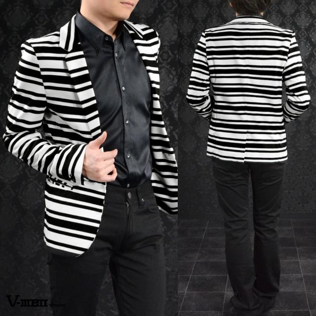カットジャケット ボーダー メンズ ノッチドラペル シングル 1釦 長袖
