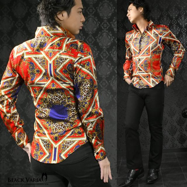 サテンシャツ ドレスシャツ 長袖 スキッパー スカーフ ヒョウ柄