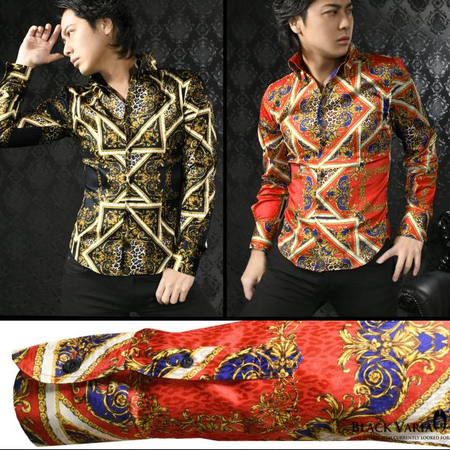 サテンシャツ ドレスシャツ 長袖 スキッパー スカーフ ヒョウ柄 ジャガード ボタンダウン スリム メンズ(レッド赤ブルー青) 181720 サテンシャツ ドレスシャツ 長袖 スキッパー スカーフ ヒョウ柄