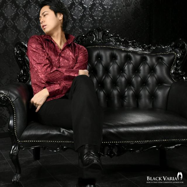 サテンシャツ スワロフスキー釦 ドレスシャツ スキッパー 花柄 薔薇 ジャガード スリム 日本製 メンズ 無地(ワインレッド赤) 191254 サテンシャツ スワロフスキー釦 ドレスシャツ スキッパー 花柄 薔薇