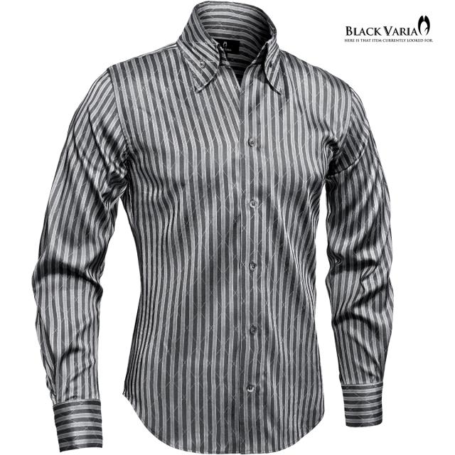 サテンシャツ スワロフスキー釦 ドレスシャツ スキッパー ストライプ