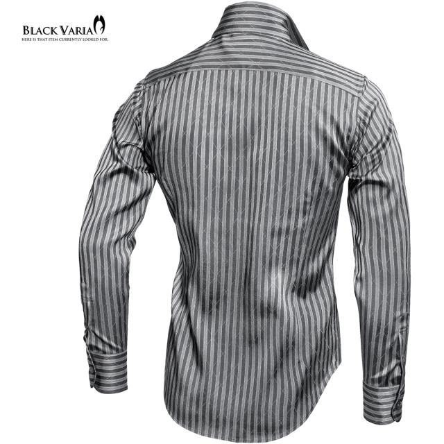 サテンシャツ スワロフスキー釦 ドレスシャツ スキッパー ストライプ