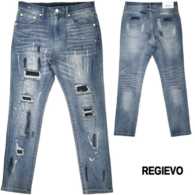 デニムパンツ リペア ラインストーン メンズ スキニー フィット スリム