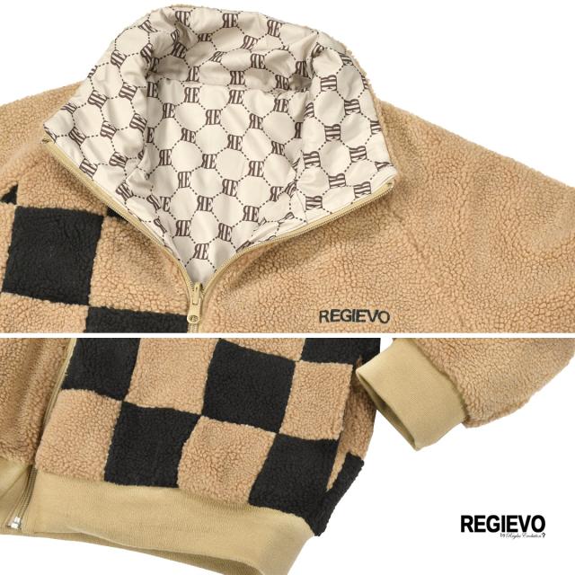 ボアジャケット ビッグシルエット メンズ アウター スタンドカラー チェッカーフラッグ柄 フルジップアップ mens(ホワイト白) 05505 ボアジャケット ビッグシルエット アウター スタンドカラー チェッカー