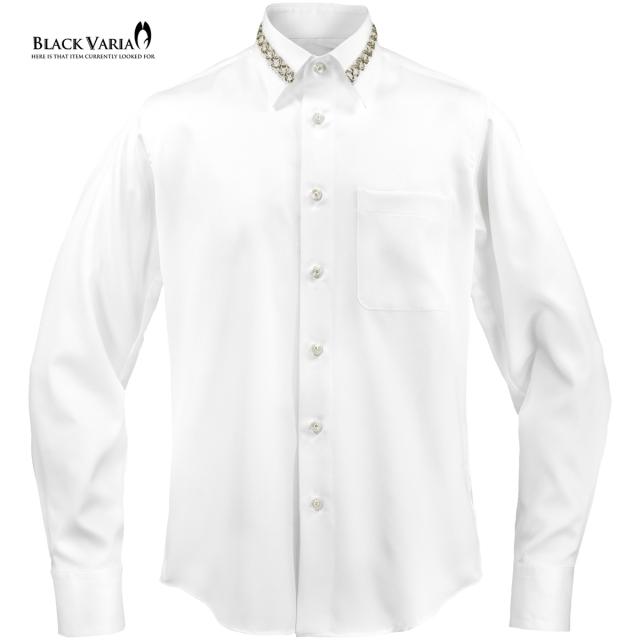 サテンシャツ 襟レース ラインストーンボタン トーションレース