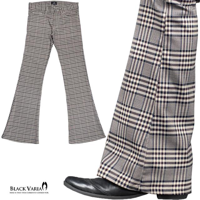 ベルボトム チェック柄 ブーツカット メンズ フレア ストレッチ ローライズ パンツ パンタロンベージュ茶グレンチェック) 232102