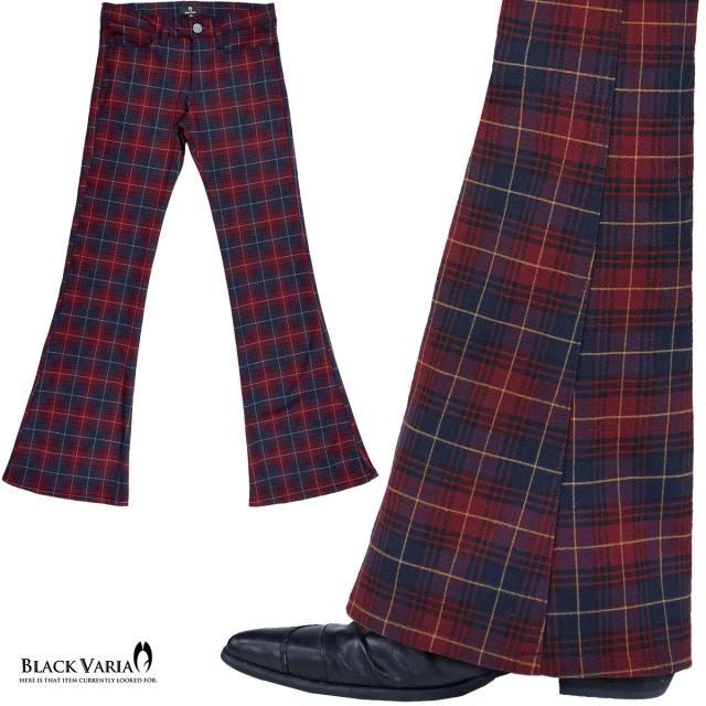 ベルボトム タータンチェック ブーツカット メンズ フレア ストレッチ ローライズ ボトムス パンツ(レッド赤ネイビー紺) 232100