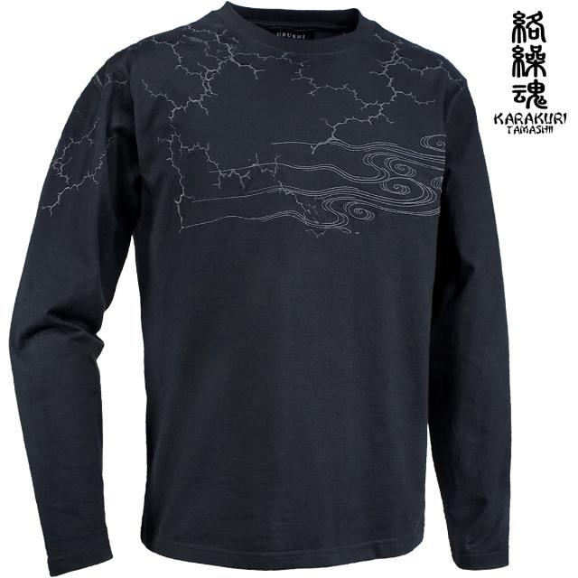 からくり魂 絡繰魂 漆 Tシャツ 長袖 クルーネック ヤタガラス 和柄 刺繍 メンズ ロンT mens(ブラック黒) 243093
