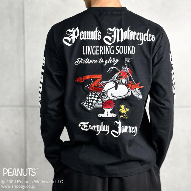 スヌーピー SNOOPY Tシャツ 長袖 クルーネック 袖ロゴ ロンT バイク mens メンズ(ブラック黒) 451086