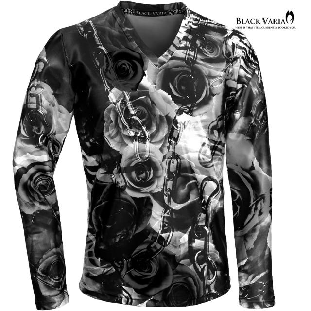 Tシャツ 長袖 Vネック 薔薇柄 チェーン柄 吸水速乾 総柄 日本製 ストレッチ スリム スポーツ 機能性素材 メンズ ロンT(ブラック黒) bv10ls