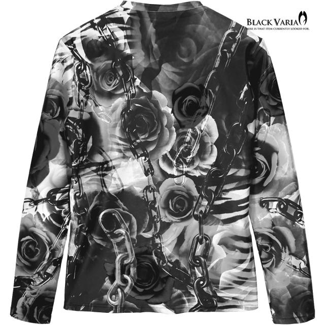 Tシャツ 長袖 Vネック 薔薇柄 チェーン柄 吸水速乾 総柄 日本製 ストレッチ スリム スポーツ 機能性素材 メンズ ロンT(ブラック黒) bv10ls Tシャツ 長袖 Vネック 薔薇柄 チェーン柄 吸水速乾 総柄 日本製