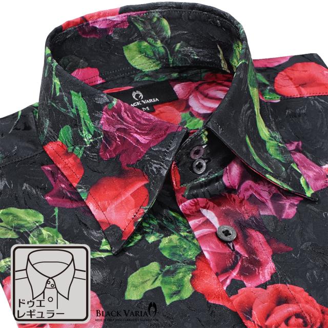 サテンシャツ ドレスシャツ メンズ ドゥエボットーニ 薔薇 花柄 ボタニカル レギュラーカラー ジャガード 日本製(ブラック黒) 251102