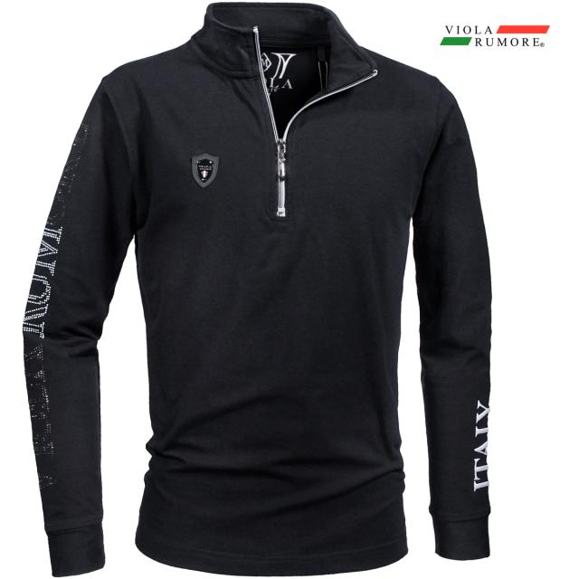 VIOLA rumore ヴィオラ ビオラ ポロシャツ 長袖 ハーフZIP ラインストーン 袖ロゴ 襟ロゴ メンズ(ブラック黒ホワイト白) 62109