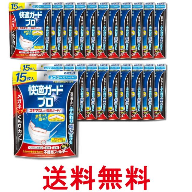 22個セット 白元アース 快適ガードプロ ふつうサイズ 15枚入 マスク ノーズクッション付き プリーツタイプ 不織布 送料無料
