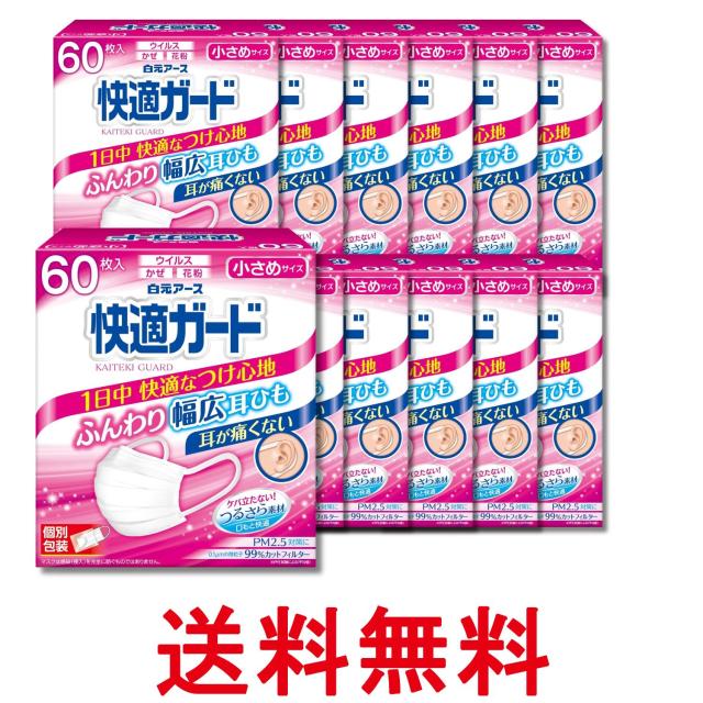 16個セット 白元アース 快適ガード 小さめサイズ 60枚入 マスク 個包装 プリーツタイプ 耳が痛くならない幅広耳ひも 不織布 送料無料