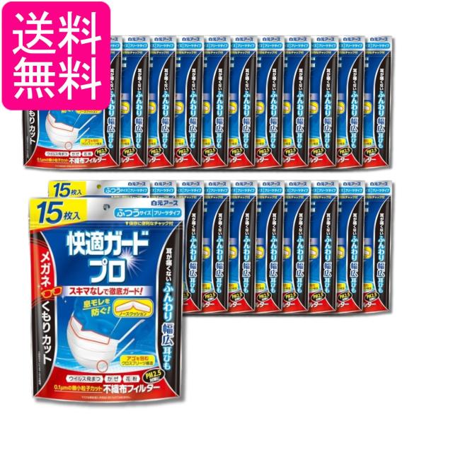 22個セット 白元アース 快適ガードプロ ふつうサイズ 15枚入 マスク ノーズクッション付き プリーツタイプ 不織布 送料無料