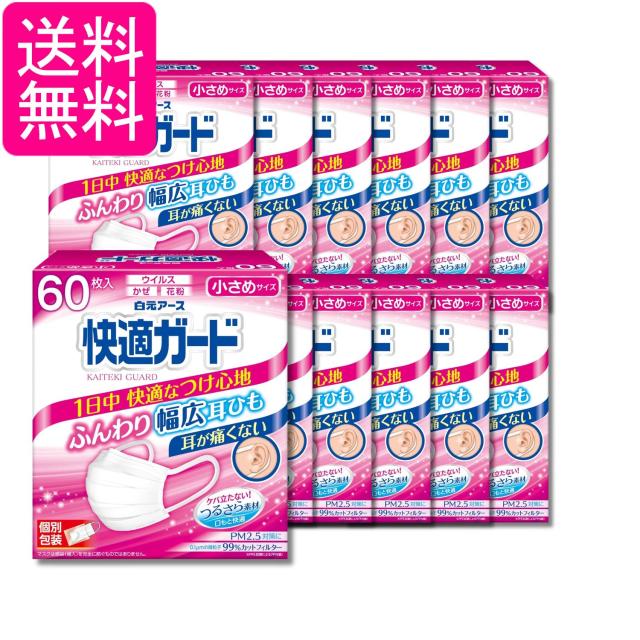 16個セット 白元アース 快適ガード 小さめサイズ 60枚入 マスク 個包装 プリーツタイプ 耳が痛くならない幅広耳ひも 不織布 送料無料
