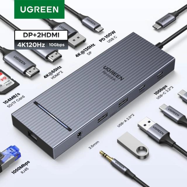 UGREEN 12-in-1 USBハブ Type-C 変換 2HDMI 4K120Hz DP USB3.2 10Gbps SD/TF RJ45 PD100W MacBook Dell HP ノートPC アクセサリー ドッキングステーション 輸入品