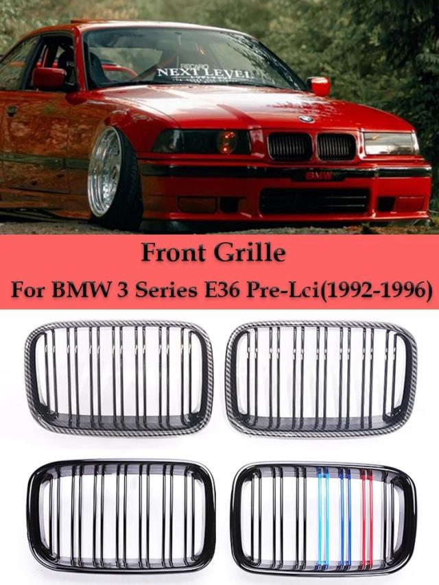 BMW 3シリーズ E36 プリLCI 1992-1996 フロントバンパー用 デュアルスラット Mカラーカーボンマットグリル キドニーグロスブラック Mテックグリルカバー 輸入品