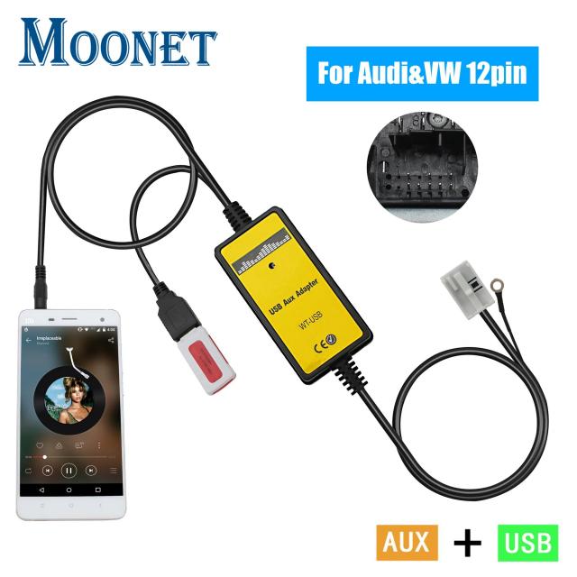 ムーネット カーナビ MP3 CDチェンジャー USB AUX入力アダプター 対応車種：アウディ フォルクスワーゲン ティグアン トゥラン T5 ゴルフ パサート スコダ (12ピン) 輸入品