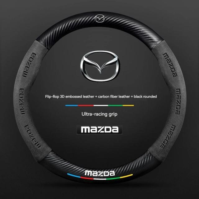 マツダ3・5・6・SKYACTIV・アクセラ・アテンザ・CX-30・CX-5・CX-8・CX-9・MX-5・RX-8・RX-7・BT-50用 カーボンファイバー・スエード ステアリングホイールカバー アクセサリー 輸入品