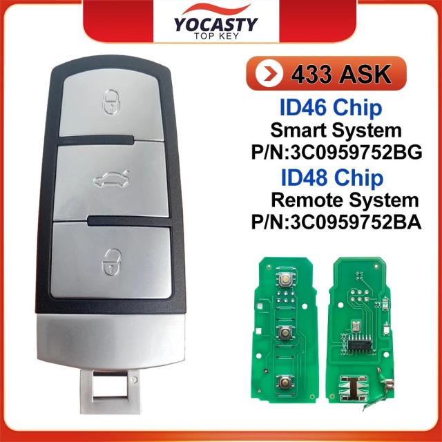 フォルクスワーゲン・パサート B6 3C B7 マゴタン CC 2004-2015年用 P/N:3C0959752BG 3C0959752BA ID48チップ 3ボタン 433MHz スマートリモートカ—キーフォブ 輸入品