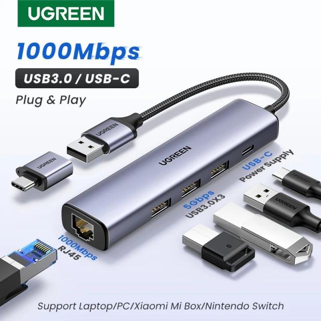 UGREEN USB3.0 イーサネットアダプター 1000/100Mbps HUB搭載 RJ45 LAN ネットワークカード ノートPC Xiaomi Mi Box Macbook Windows USB-C HUB対応 輸入品