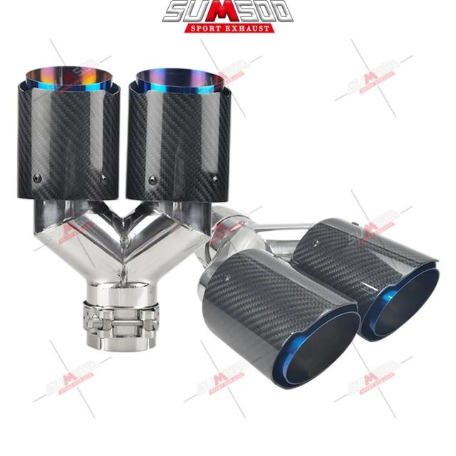 1個 デュアルカーボンファイバー＋ステンレス鋼 バーントブルー ユニバーサル自動車用エキゾーストチップ ダブルエンドパイプ 輸入品