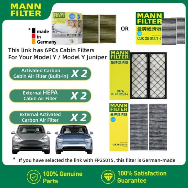 MANN FILTER テスラ モデルY モデル3 専用 HEPA カーボン キャビンフィルター キット 6PCS FP25015 CUK25015 CUK46025 CU47025 内蔵エアフィルター 輸入品 51,690円
