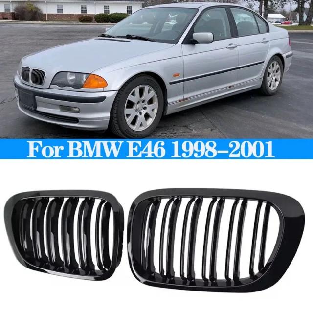 BMW 3シリーズ E46 セダン用 フロントキドニーグリル 光沢黒 ダブルスラット レーシンググリル 1998-2001年モデル 純正交換パーツ 輸入品