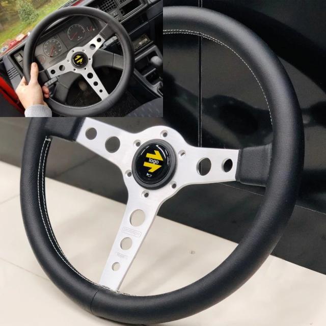 JDMステアリングホイール 本革 カーモディファイド スポーツ 14インチ 350mm フラット プロトティーポ レーシング シルバーブラック ユニバーサル 輸入品