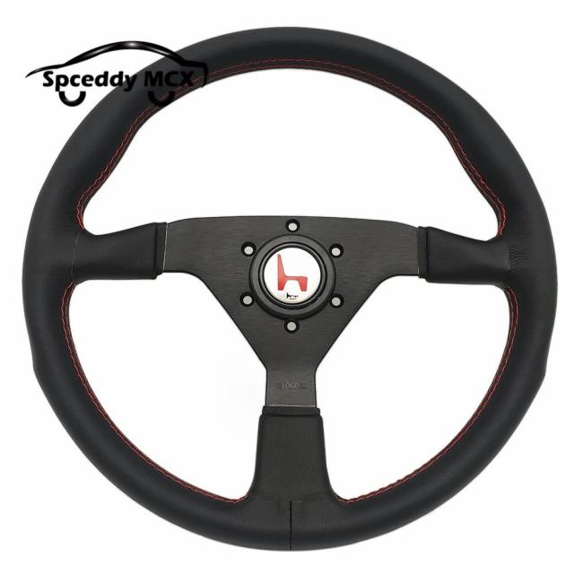 カーブラック 本革 14インチ 350mm V1用 イタリア レーシング ドリフト スポーツ ステアリングホイール フラット 輸入品