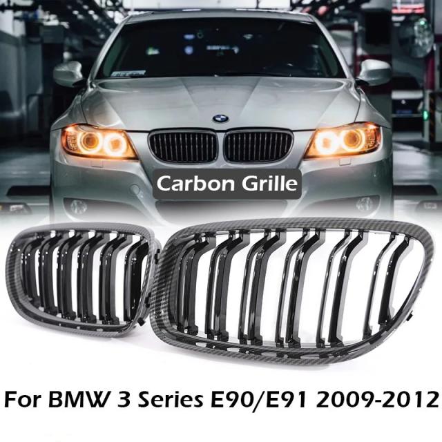 カーボンファイバープリント グリル キドニーグリル BMW 3シリーズ E90 E91 LCI 2009-2012 用 光沢ブラック Mカラー クロームシルバー ダブルスラット 輸入品