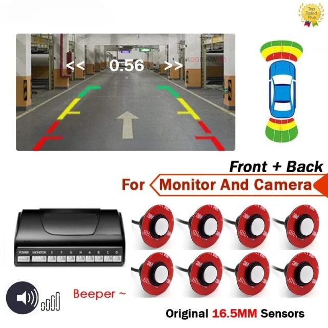 AHD Parktronic 13mmフラット回転式 車載用駐車センサー 8個 バックライト付 前後用 ブザー 12V Android DVDビデオシステム対応 輸入品