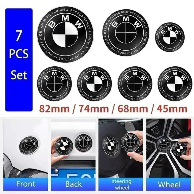 7点セット 45mm 68mm 74mm 82mm 車用 フロントフードエンブレム リアトランクバッジ ステアリングホイールロゴ BMW M F30 G01 E36 E39 E87 E46 E90 E92 E53 対応 輸入品
