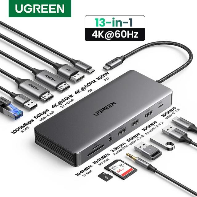 UGREEN USB C ドッキングステーション 13 in 1 4K トリプルディスプレイ デュアルHDMI 10Gbps USB C HUB 100W PD SD/TF 対応 MacBook Pro Air Dell XPS 輸入品