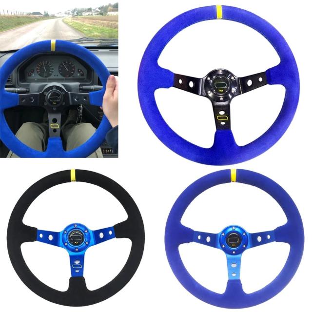 OM-Sports ステアリングホイール 14インチ ディープコーブ ドリフト用スエードレザー 350mm 車載ステアリングホイール ホーンボタン付き 6穴 ブラック ブルー 輸入品