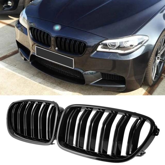 F10 グロッシーブラック フロントキドニー ダブルスラットグリル BMW 5シリーズ F10 F11 F18 2010-2017 年式 デュアルライン レーシンググリル 輸入品