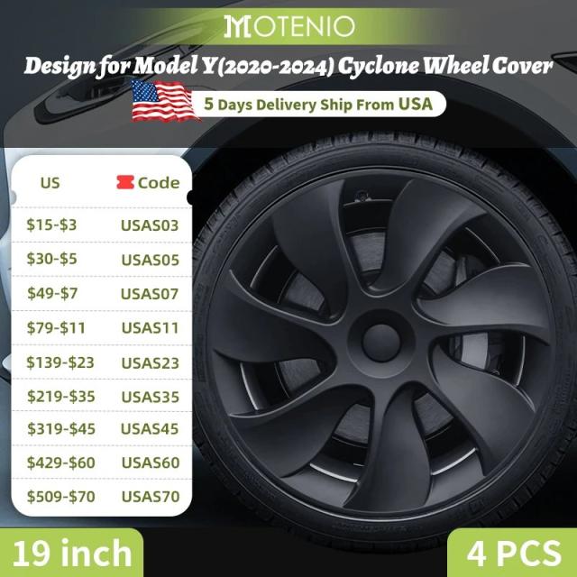 テスラモデルY 2020-式 19インチ ホイールキャップ 4PCS デザイン 左右セット サイクロンカバー 交換用アクセサリー 輸入品