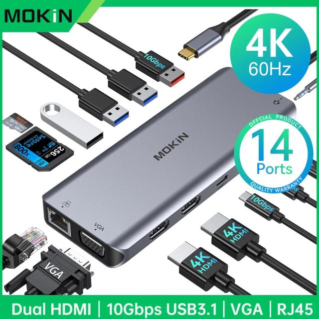 MOKiN USB C HUB 4K 60Hz Type C 変換アダプター HDMI DP VGA ギガビットイーサネット USB 3.1 PD 100W 給電 Macbook Air Pro M2 M1 PC アクセサリー 輸入品