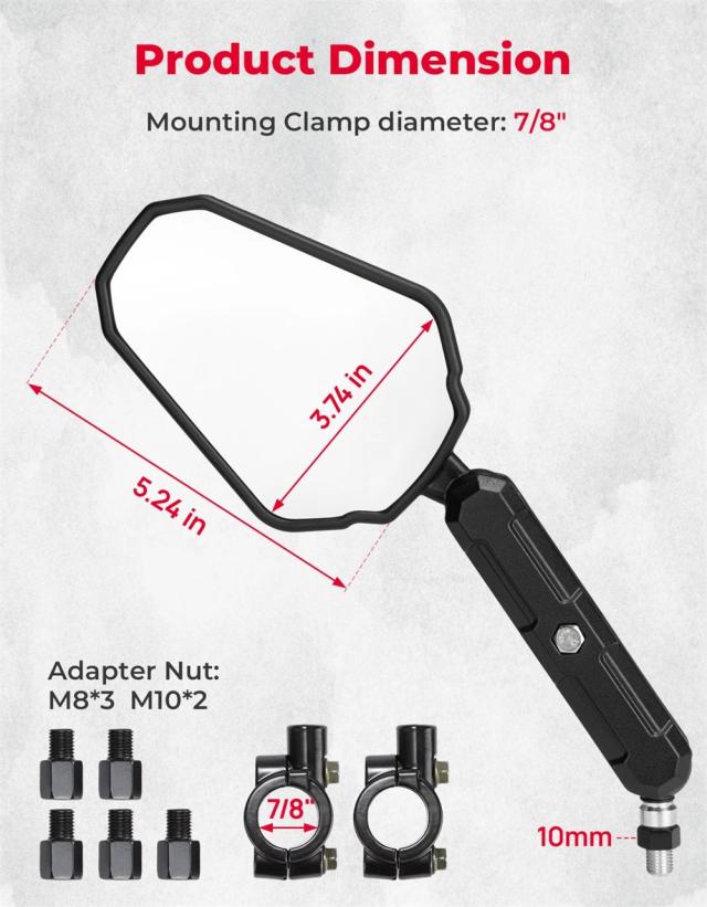 KEMIMOTO ユニバーサル フォールディング バイクミラー M8 M10 ボルト取付 360°調整 Eマーク対応 輸入品_11