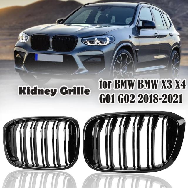 BMW 3・4・X3・X4・G01・G02・G08（2018-）用 フロントボネットキドニーグリル 2ラインデュアルスラット 光沢ブラック レーシンググリル 1ペア 輸入品