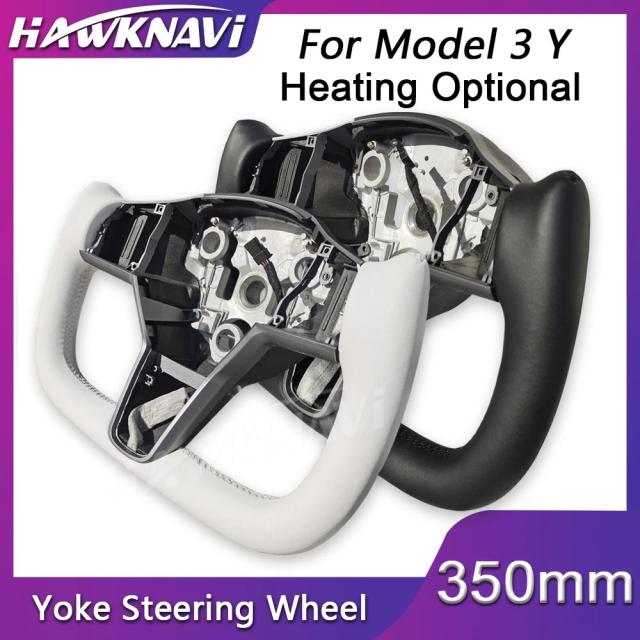 テスラ モデル3 モデルY 用 350mm ヨークハンドル ステアリングホイール レーシングレザー 白黒 ヒーター機能オプション 改造アクセサリー 輸入品