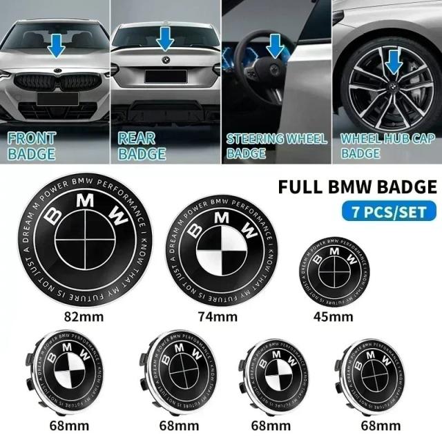 7点セット 45mm 68mm 74mm 82mm フロントフードエンブレム リアトランクバッジ ステアリングホイール用 BMW M F30 G01 E36 E39 E87 E46 E90 E92 E53 E94 輸入品