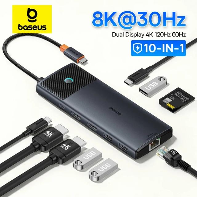 Baseus USB C HUB デュアルHDMI 8K/4K アダプター 10-in-1 USB 3.2 10Gbps スプリッター (RJ45/SD/TF/Type-C PD 100W対応) MacBook Pro/Air用 HUB 輸入品