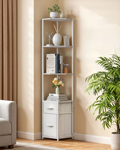 HOUSOLUTION コーナーラック スリム 5段 高さ162CM 耐荷重85KG 引き出し付き リビング/寝室/キッチン/浴室 WHITE
