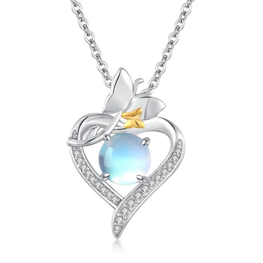 [STORYMIDIR] ハート ネックレス レディース ムーンストーン 蝶々 ペンダント 金属アレルギー対応 チョウチョウ シルバーネックレス チェーン付き 45+5CMアジャスター アクセサリー 月長石 ジ…