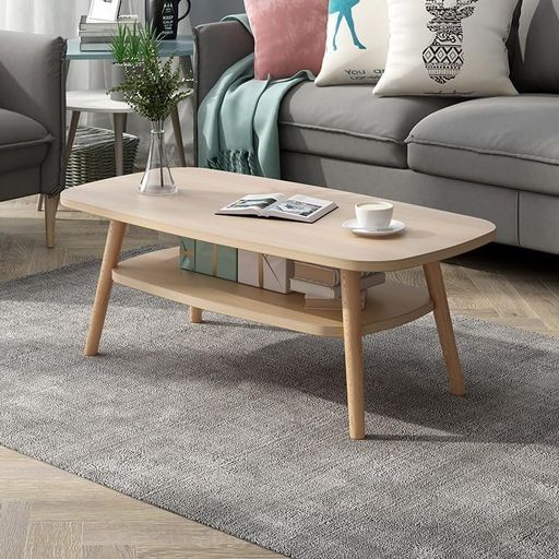 北欧風 2段式 コーヒーテーブル ローテーブル 100×50×42CM 木目調 天然木脚 収納棚付き リビングテーブル ナチュラル 一人暮らし 組立簡単