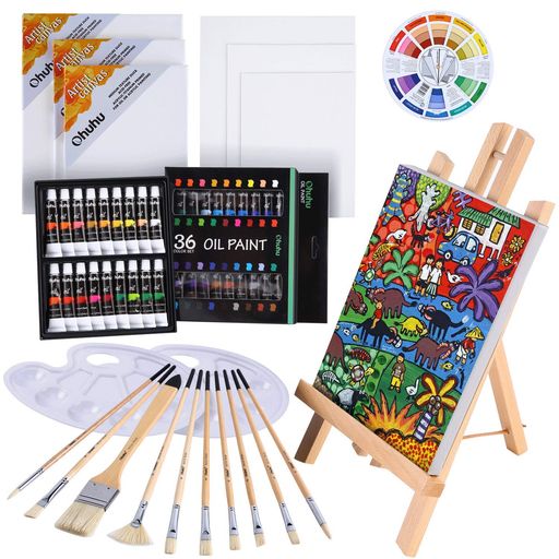 OHUHU 油絵具 セット 56点セット 36色 油絵 油絵の具 絵画 画材 絵の具セット 初心者 大人 男の子 女の子 木製イーゼル 張りキャンバス 油彩筆 パレット カラーホイール